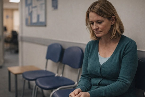 woman sitting in an NHS waiting room looking anxious - health anxiety
